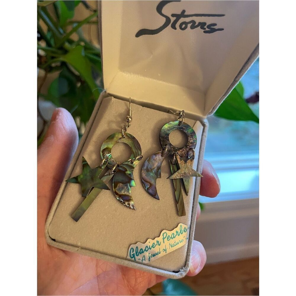 Abalone Glacier Pearls Shell Celestial Moon & Star Dangle Earrings - Picture 8 of 13